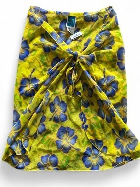 NWT 2000s Jantzen Yellow & Blue Floral Mesh Swim Coverup Skirt